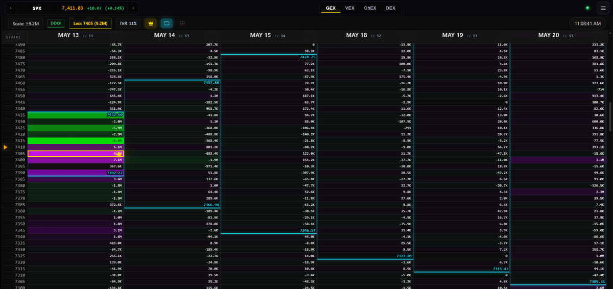 TeploMap SPX gamma exposure ladder with dealer walls, spot line, and expiration columns